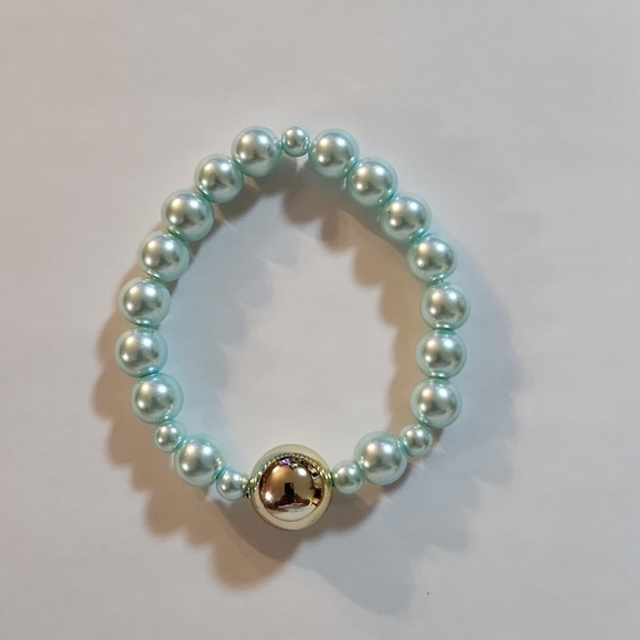 Hand Crafted Jewelry - Hand Crafted Stretch Bracelet Pearl Light Blue Gold Focal Bead Bridal